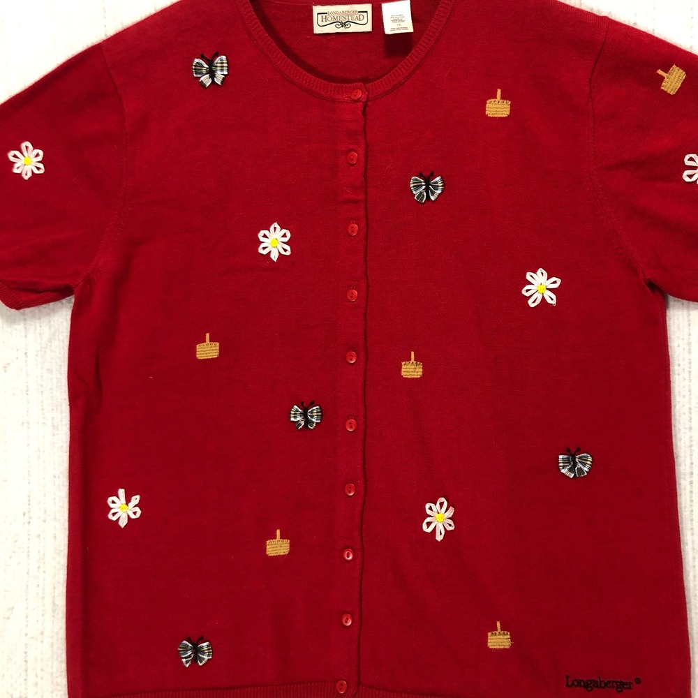 Longaberger Cardigan Top Embroidered Short Sleeve Knit Red Basket Flower Size 1X